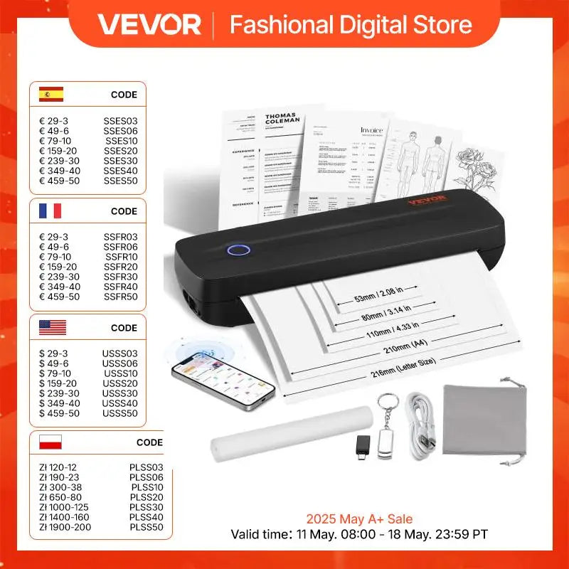 VEVOR Portable Bluetooth Inkless Mobile Thermal Printer