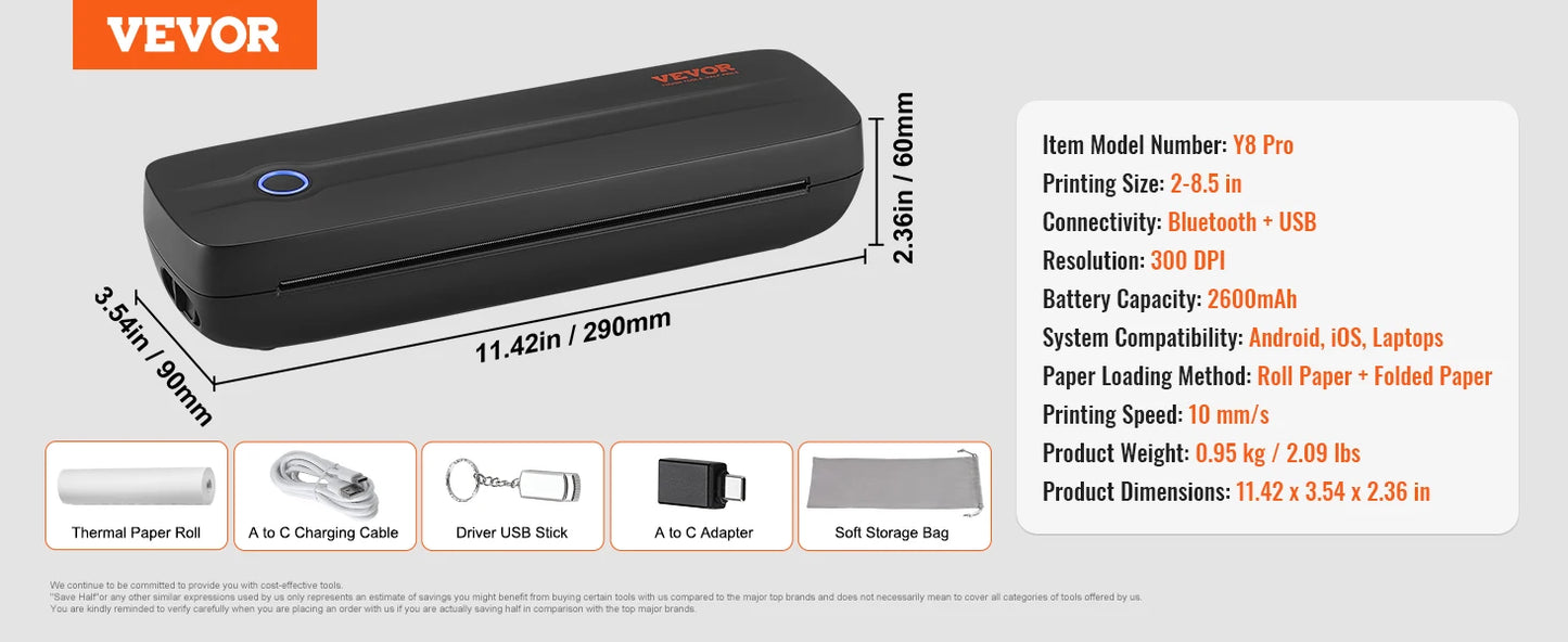 VEVOR Portable Bluetooth Inkless Mobile Thermal Printer